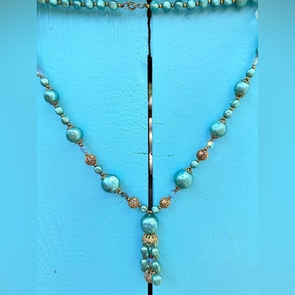 Vintage Necklace AB Crystals Faux Blue Pearls & Gold Beads With Tassel End 5389 - Picture 3 of 11